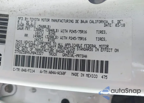 2018 Toyota Tacoma Sr5 V6 из США, поврежденный, VIN 3TMDZ5BN9JM043327